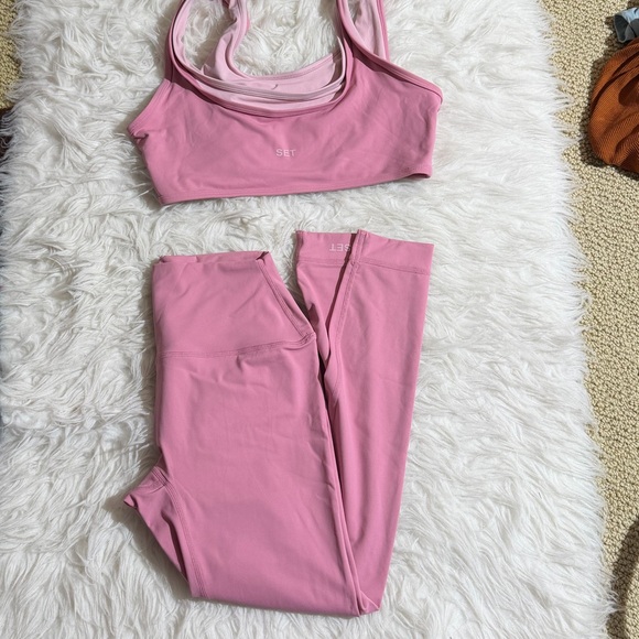 NEW Set Active Medium M Pink Matching Set Glossy Leggings Double Layer Sport bra - Picture 4 of 14